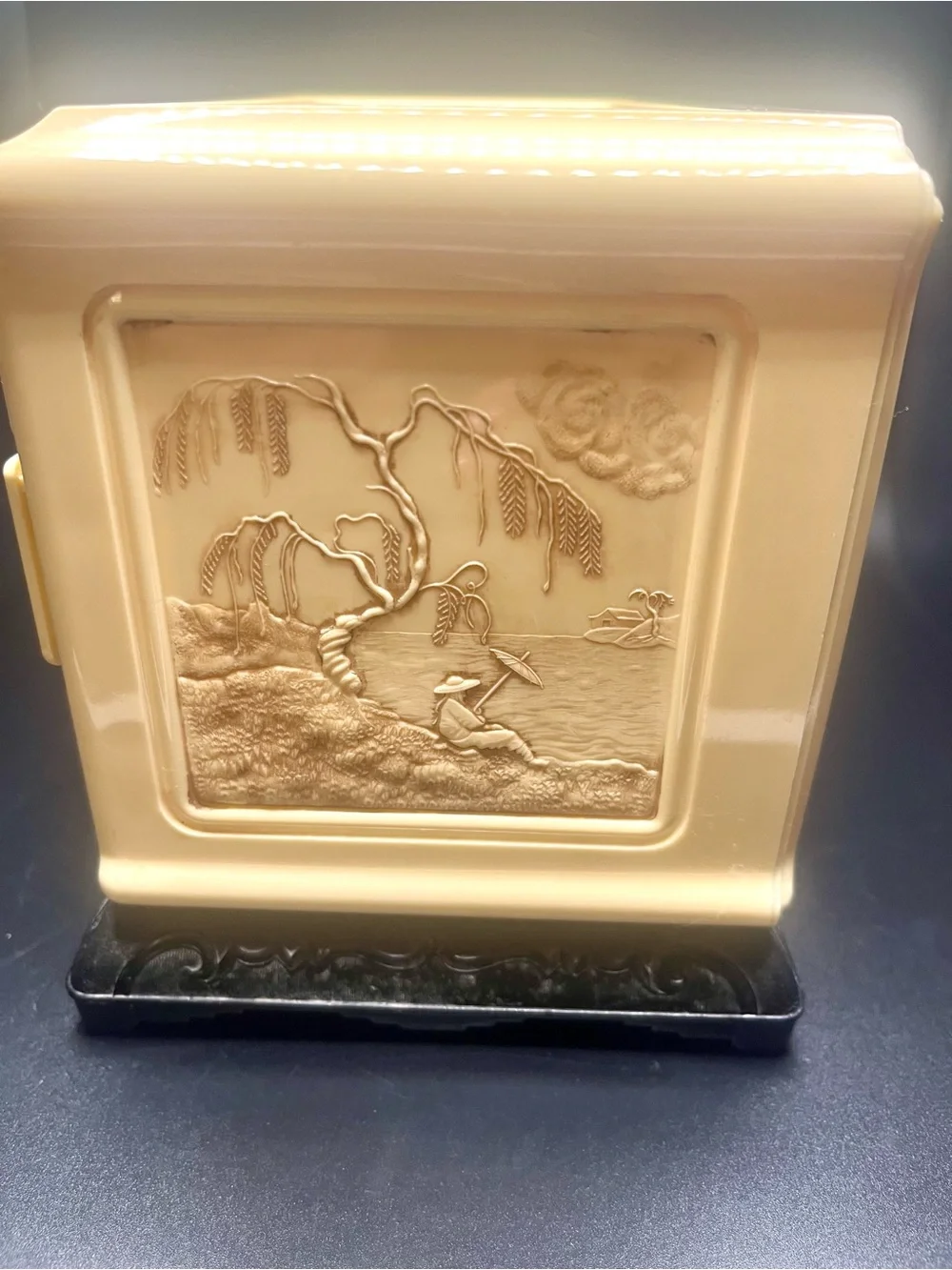 Vintage 1950s Celluloid Jewelry Box Asian Scenic 3 Drawer Vanity Trinket Chest.
